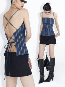 Curved tube top with hollow lace-up back