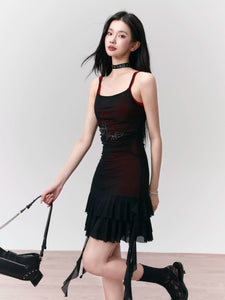 Black red hot diamond mesh slim suspender dress