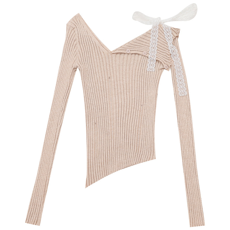 Original Asymmetric Off-Shoulder Lapel Long-Sleeve Knitted Sweater