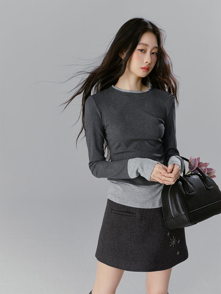 Spliced Shimmering Slim Fit Knitted Bottoming Shirt