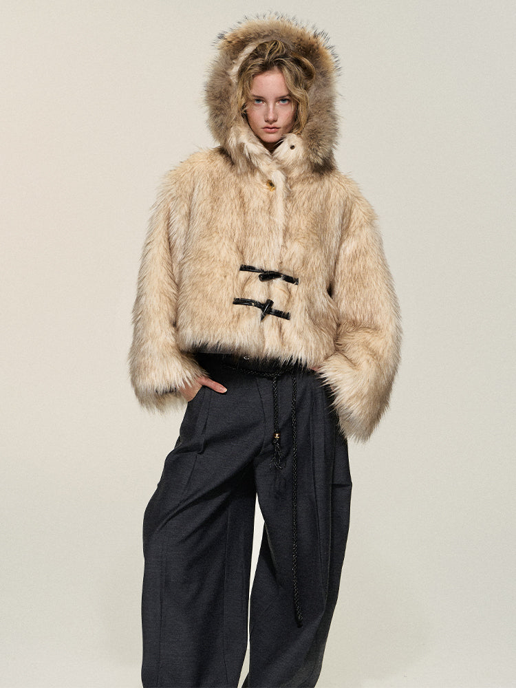 Classic Beige Dyed Fox Fur Collar Hooded Coat