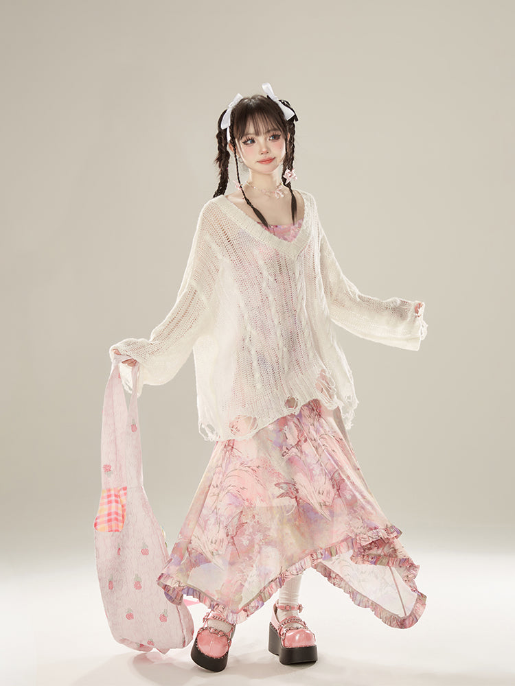 Floral Irregular Fairy Strap Long Dress