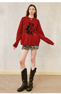 Red New Year sweater design round neck drop shoulder loose long sleeve knitted sweater