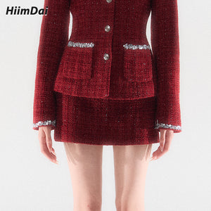 Silver Thread Woven Burgundy Tweed Cinched Waist Jacket & Low-Waisted Skirt Set