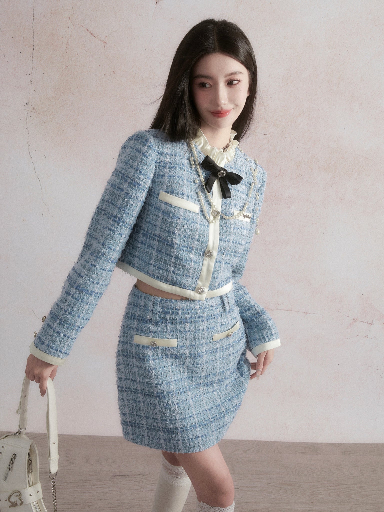 Blue Chanel Style Skirt Suit with Satin Tweed Jacket