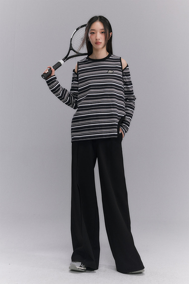 Black round neck striped sweater contrast color off-shoulder irregular loose top