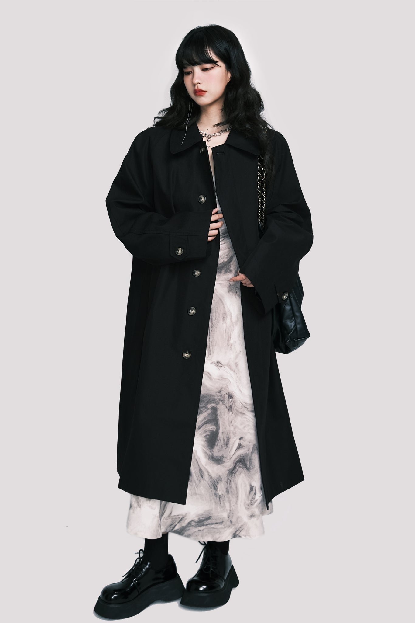 Classic black casual mid-length trench coat Jacket