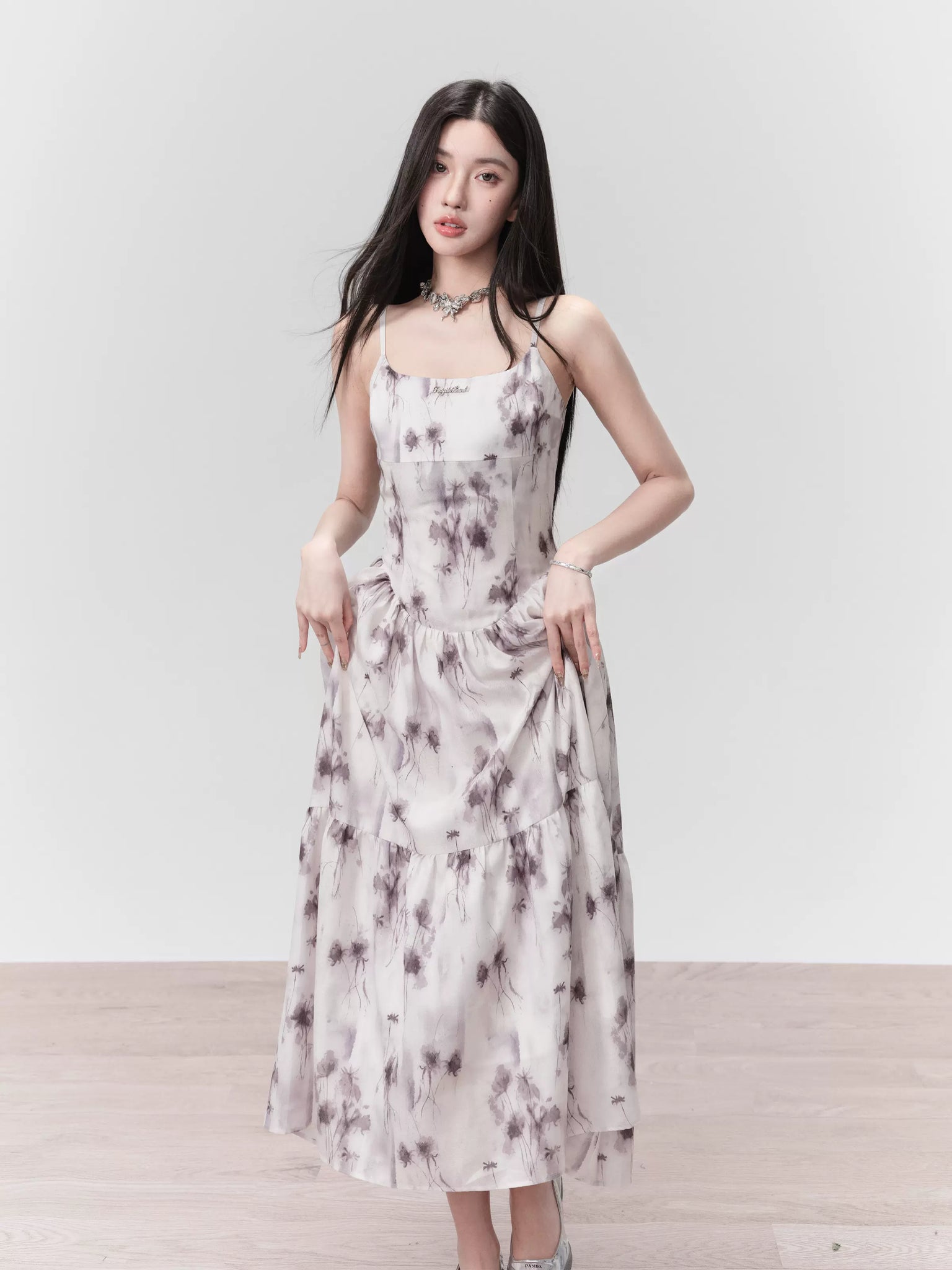 Ink-dyed rose sling dress with elegant waist