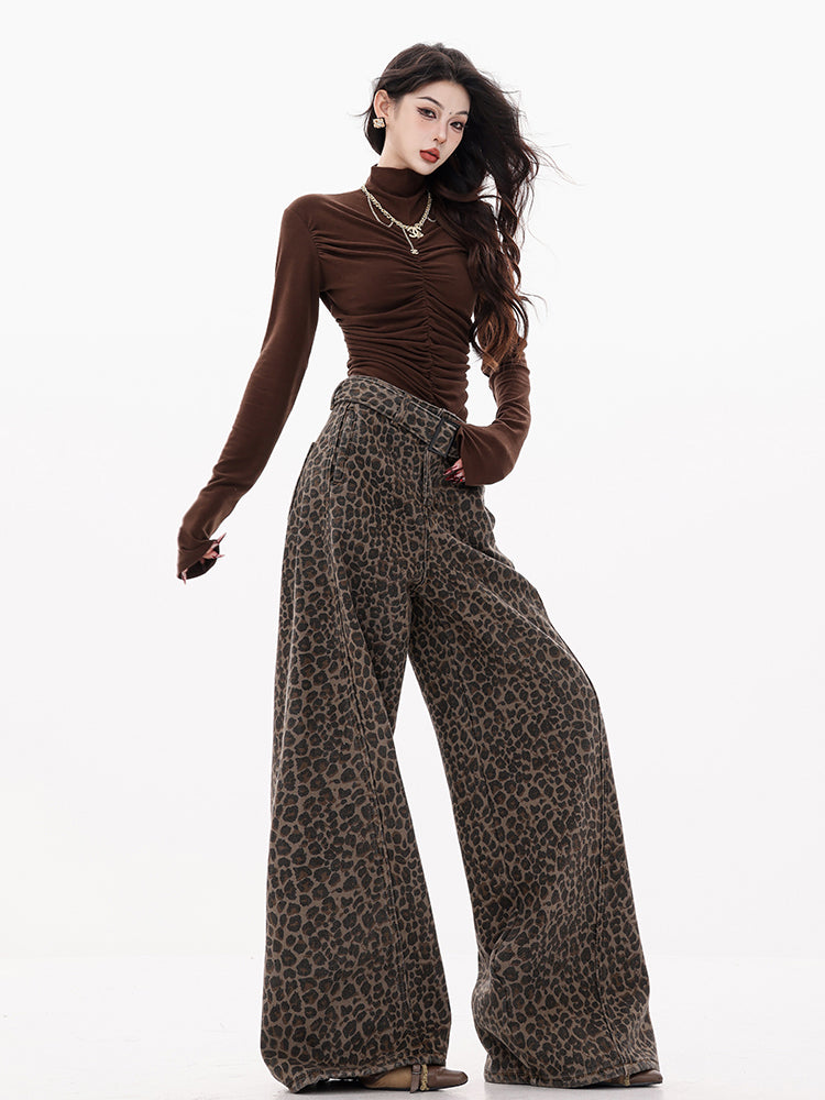 Late Autumn Ode - Leopard Print Fleece-Lined Thickened Jeans