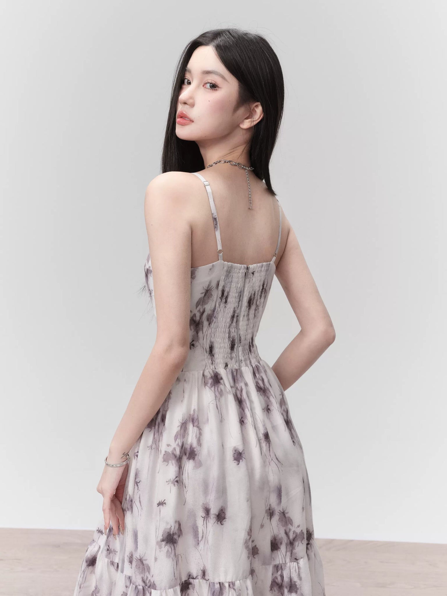 Ink-dyed rose sling dress with elegant waist