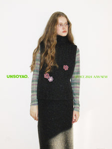 "Artistic Chic" Wool Speckled Textured Turtleneck Vest & Midi Skirt