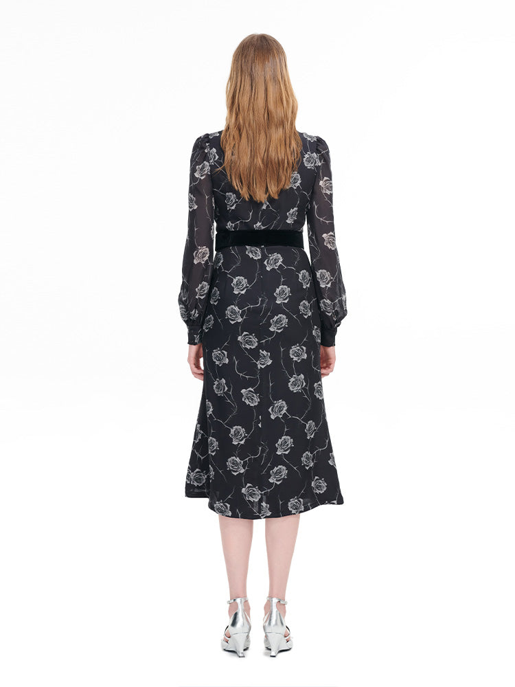 Silk black rose print dress