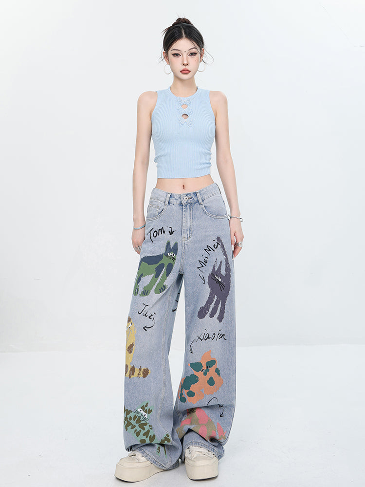 Quirky Player - Original Early Autumn Graffiti Print Jeans