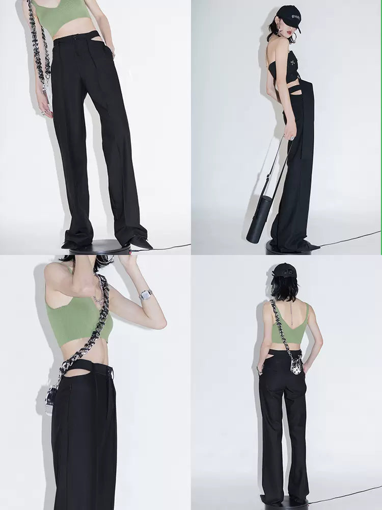 Straight-leg suit trousers with exposed waist on both sides