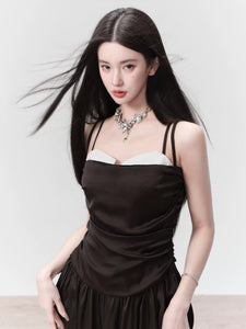 Temperament black pleated suspender dress