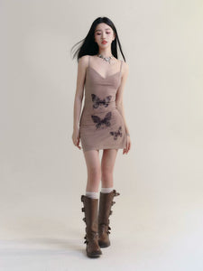 Butterfly print suspender dress