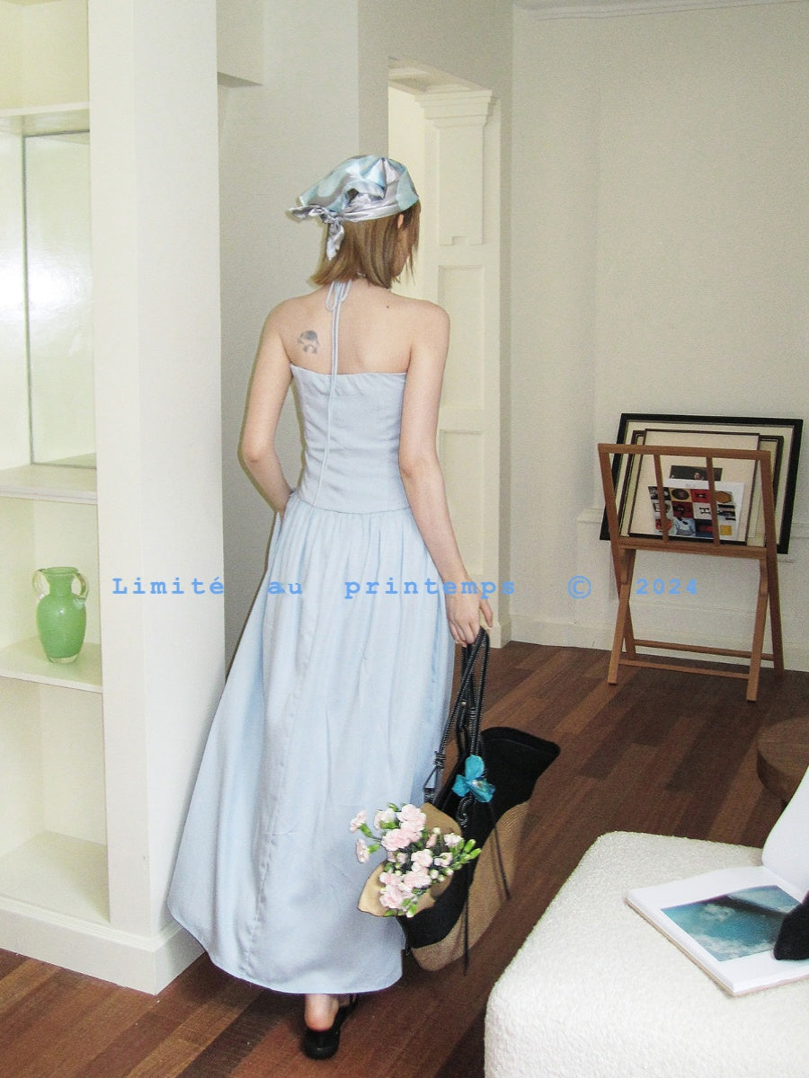 "Babyblue Gray" Halter Neckline Panelled Strapless Dress