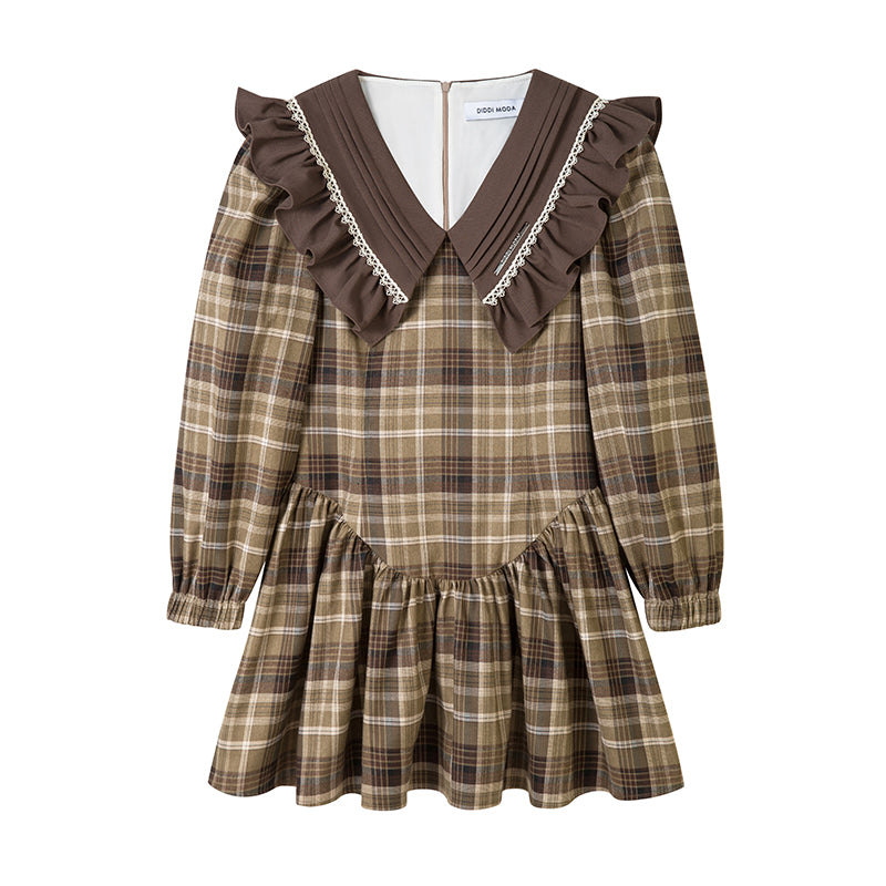 Brown Plaid Little Doll Collar Dress