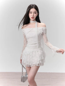 Moonlight Lover White Lace Knitted Off Shoulder Top Set