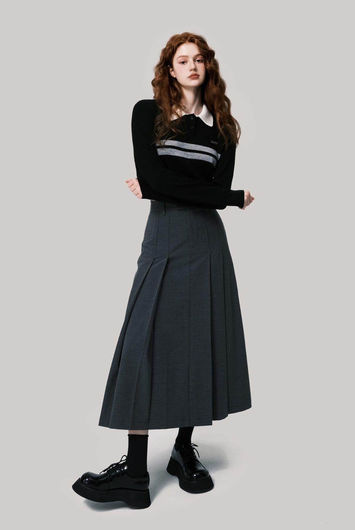 Dark grey pleated slim versatile long skirt college style elegant woolen skirt