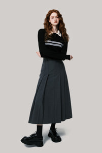 Dark grey pleated slim versatile long skirt college style elegant woolen skirt