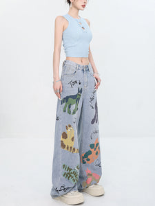 Quirky Player - Original Early Autumn Graffiti Print Jeans