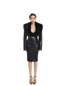 Fashion Fur Collar Leather Jacket & High-Waisted Slimming Leather Skirt