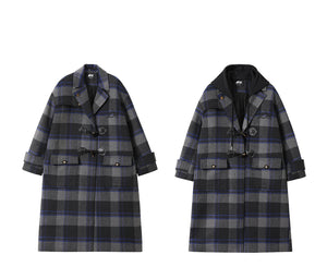 D% New Hooded Plaid Mid-Length Wool Coat