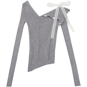 Original Asymmetric Off-Shoulder Lapel Long-Sleeve Knitted Sweater