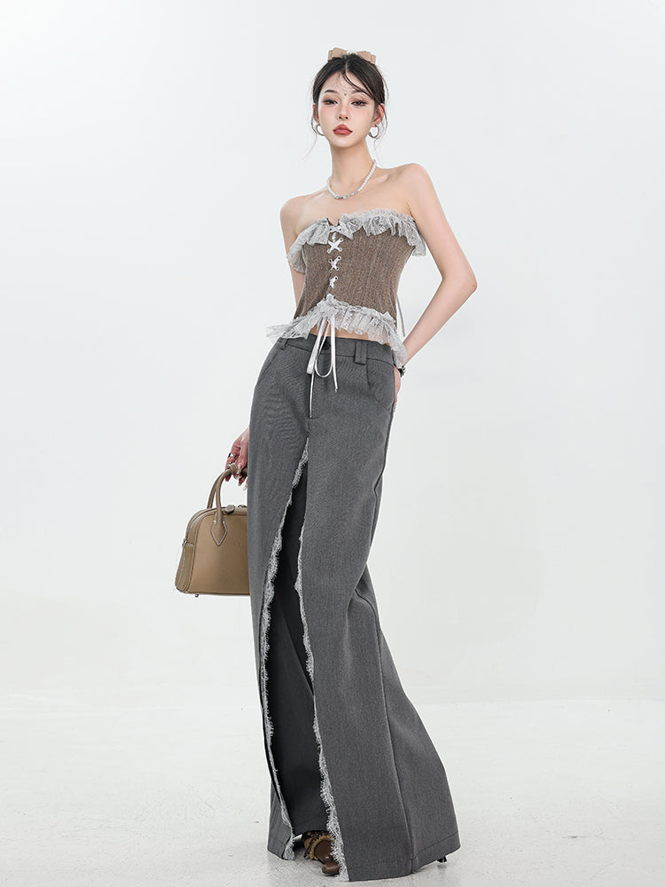 Original Gray Lace Patchwork Designer Trousers