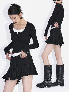 Elastic waist pleated asymmetric skirt