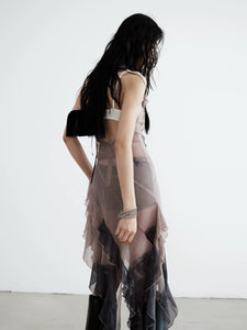 Smudge-printed nude irregular chiffon suspender skirt