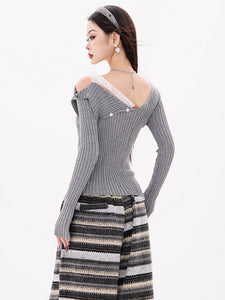 Original Asymmetric Off-Shoulder Lapel Long-Sleeve Knitted Sweater