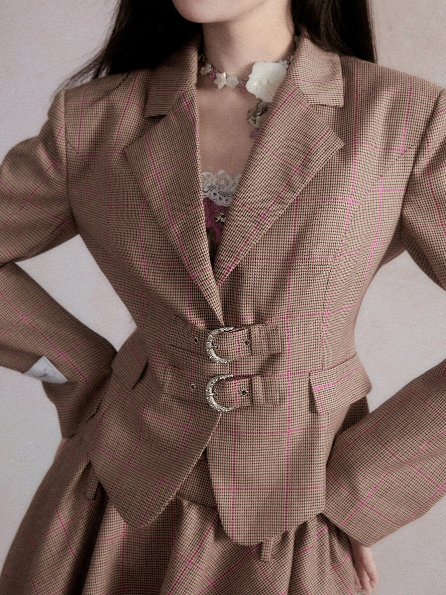 Retro Waist Suit Jacket Plaid Skirt