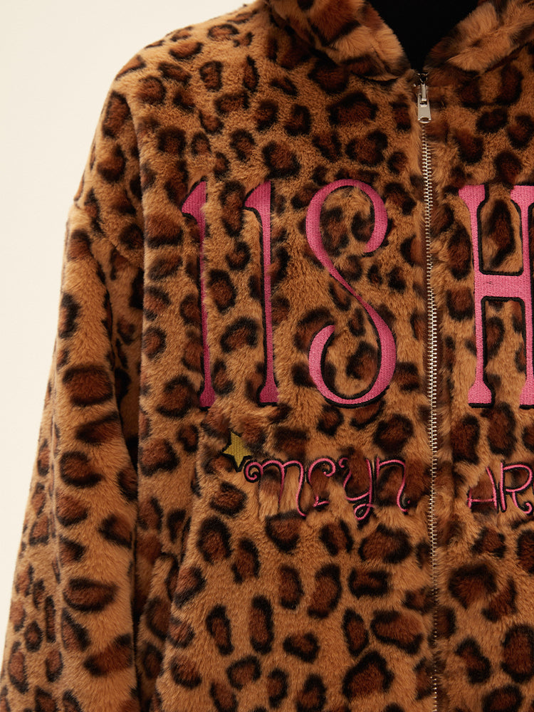 Leopard print teddy bear hooded Coat