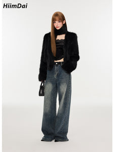 Layered Black Mid-Length Eco-Friendly Faux Fur Coat