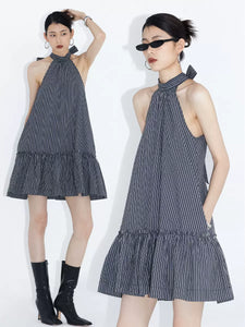 Striped bow tie A-line lace dress