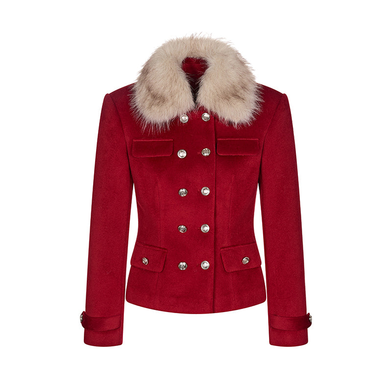 Faux Fur Collar Red Double-Breasted Wool Coat & Low-Waisted Skirt Set