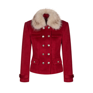 Faux Fur Collar Red Double-Breasted Wool Coat & Low-Waisted Skirt Set