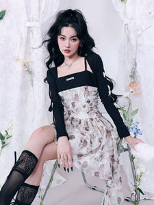 Black Tea Macchiato Princess Style Sweet Spicy Ribbon Suspender Dress