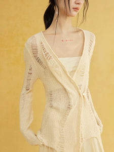 Ripped loop yarn irregular slant collar knitted cardigan