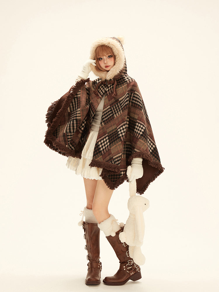 Brown Plaid Cape Coat