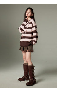 Lazy style striped tie knitted pullover V-neck long sleeve loose