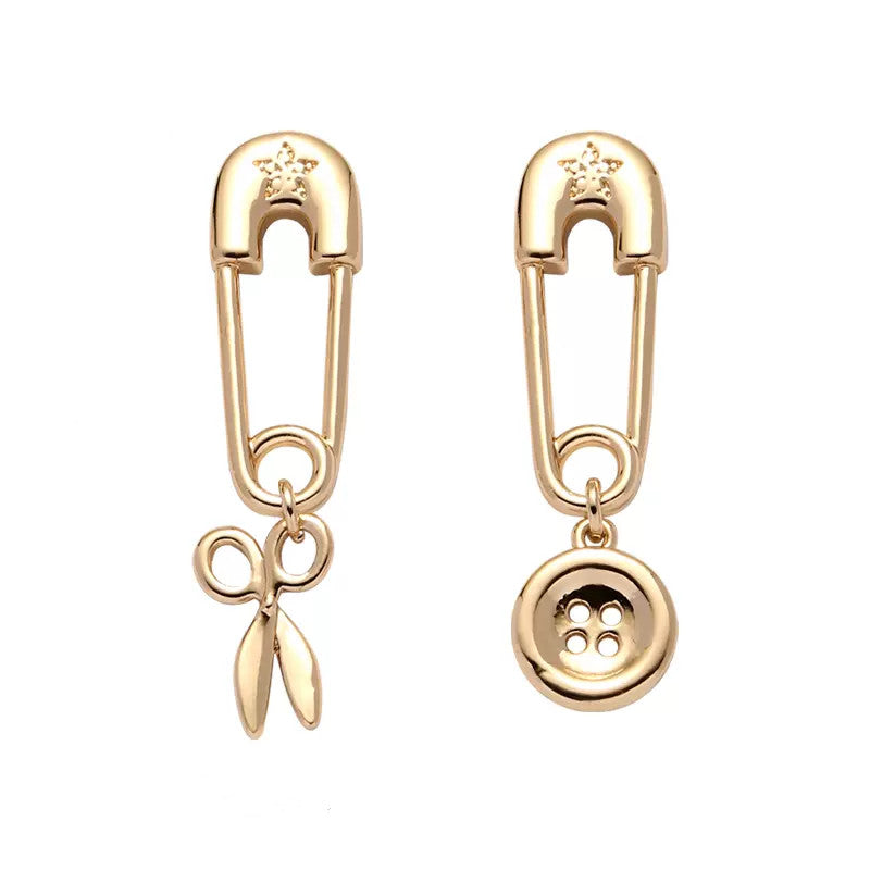 Scissor button asymmetric pin earrings