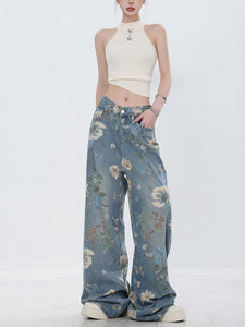 American Retro Flower Printed Wide-Leg Jeans