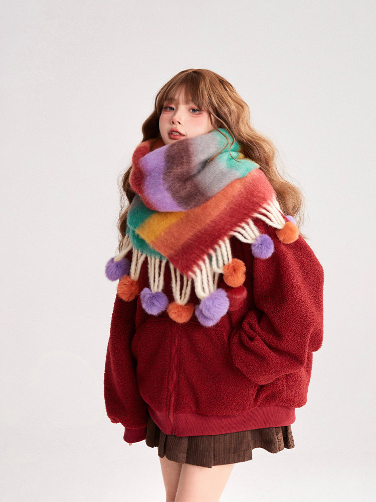 Red Loose-Fit Sherpa Jacket