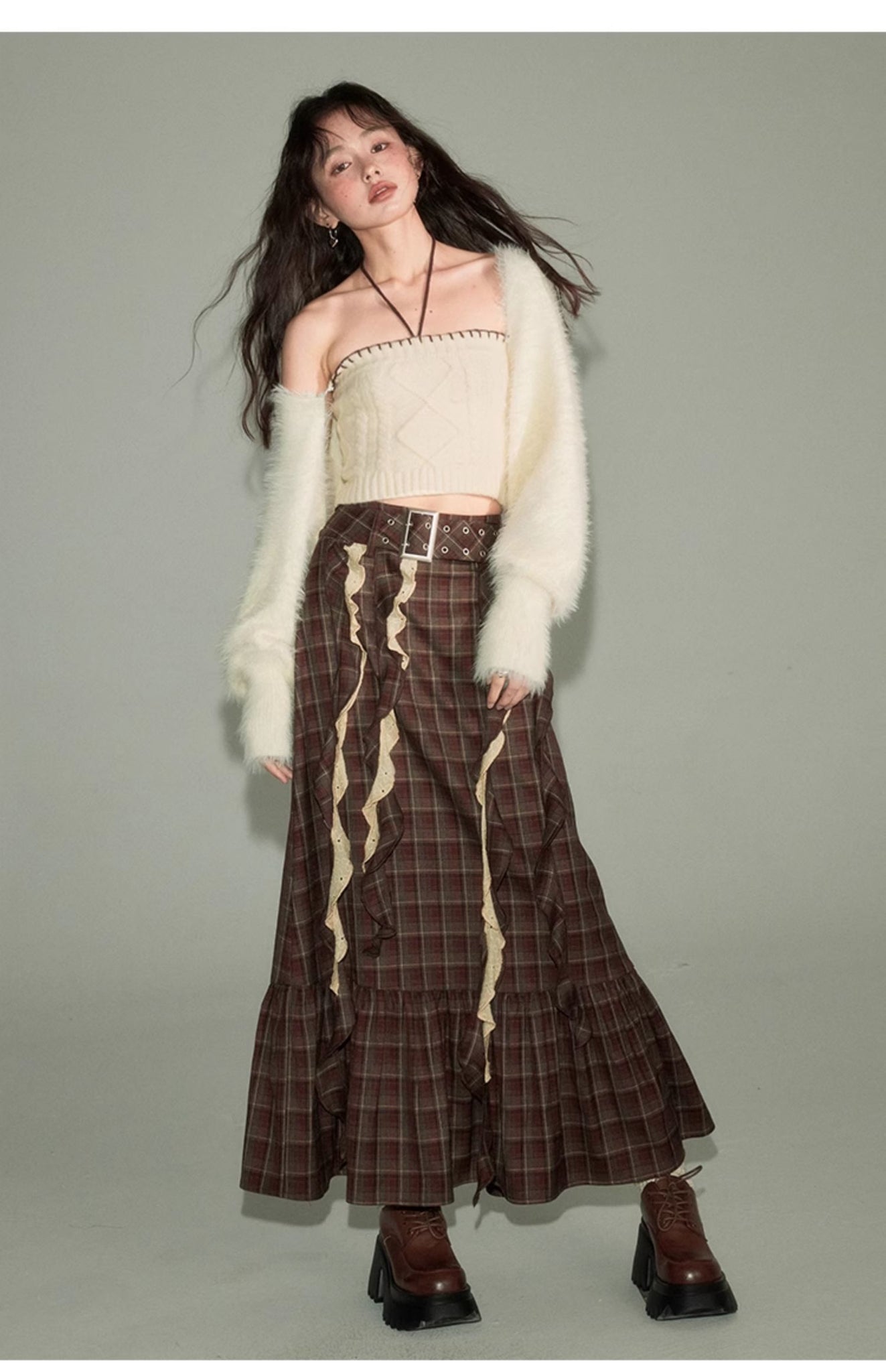 Brown ribbon plaid maxi skirt