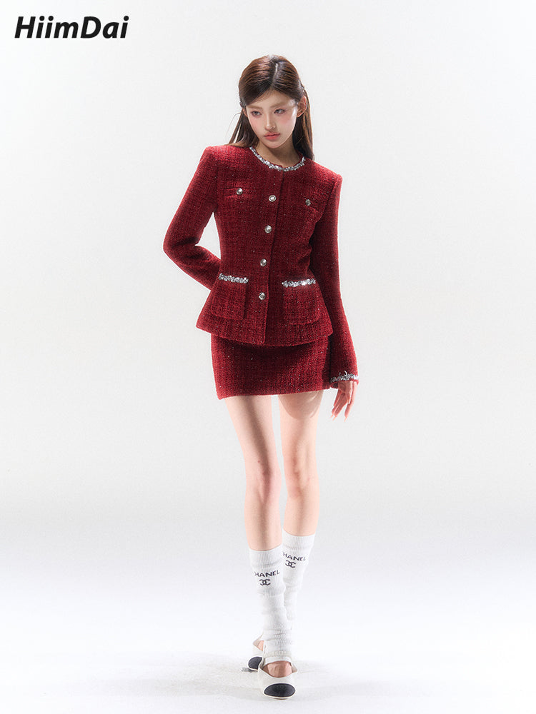 Silver Thread Woven Burgundy Tweed Cinched Waist Jacket & Low-Waisted Skirt Set