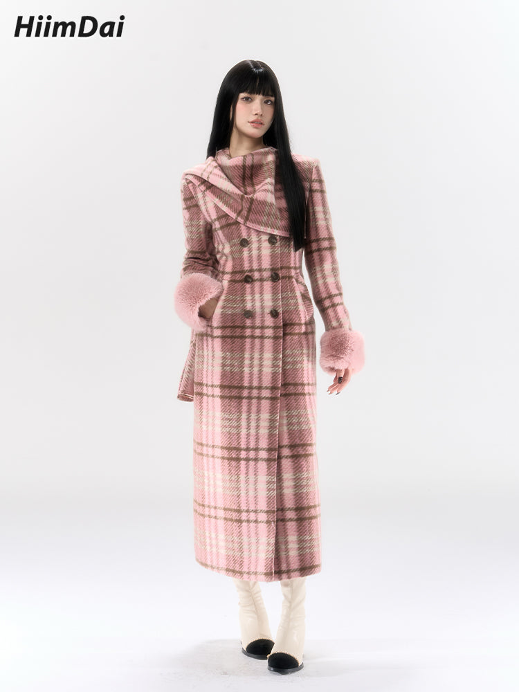 Pink plaid hourglass coat with wool scarf collar