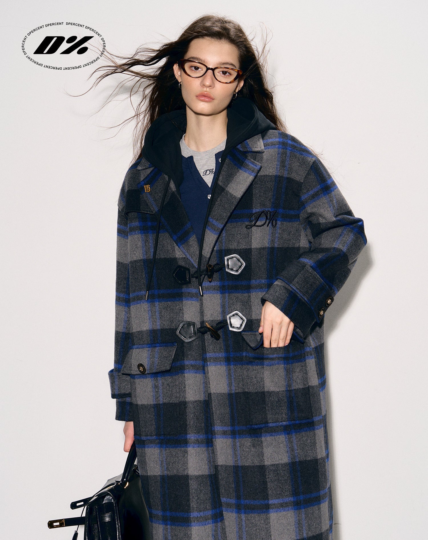 D% New Hooded Plaid Mid-Length Wool Coat